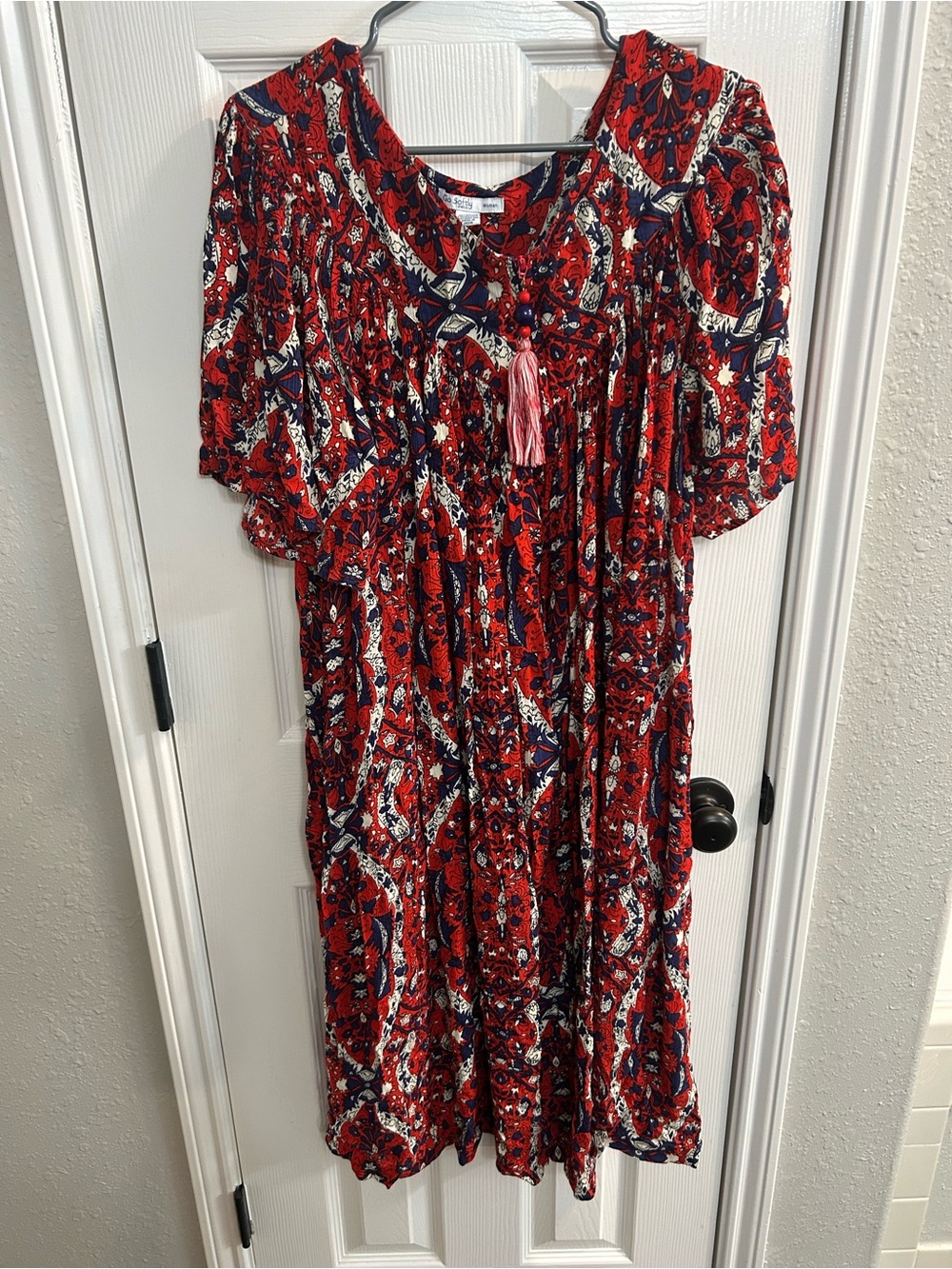 Go Softly 1X Patio  Dress Kaftan Red Floral Print Crinkle Fabric